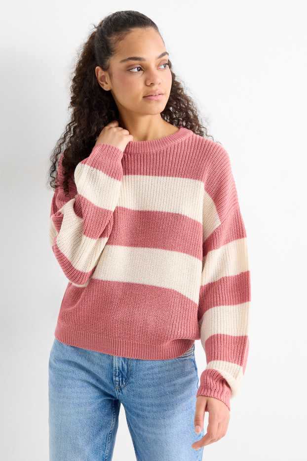 Damen - Pullover - gerippt - gestreift - rosa / beige