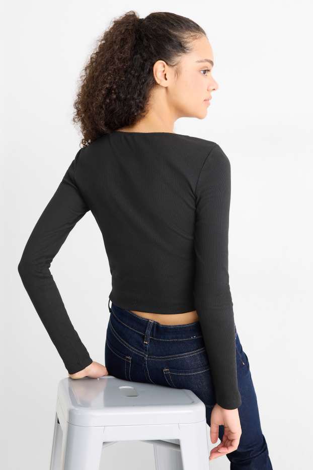 Dámské - Krátké tričko s dlouhým rukávem - slim fit - žebrované - černá