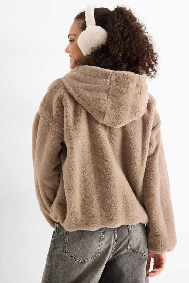 Dames - Jas van imitatiebont met capuchon - lichtbruin