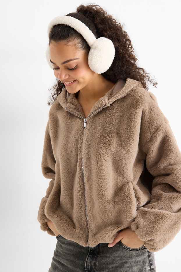 Dames - Jas van imitatiebont met capuchon - lichtbruin