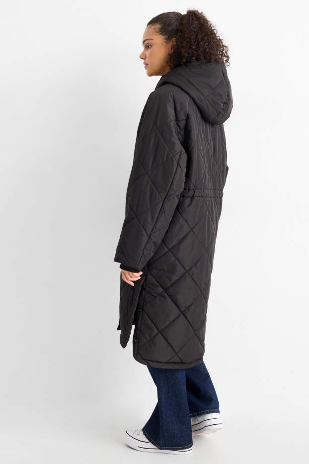 Women - Quilted coat with hood - black