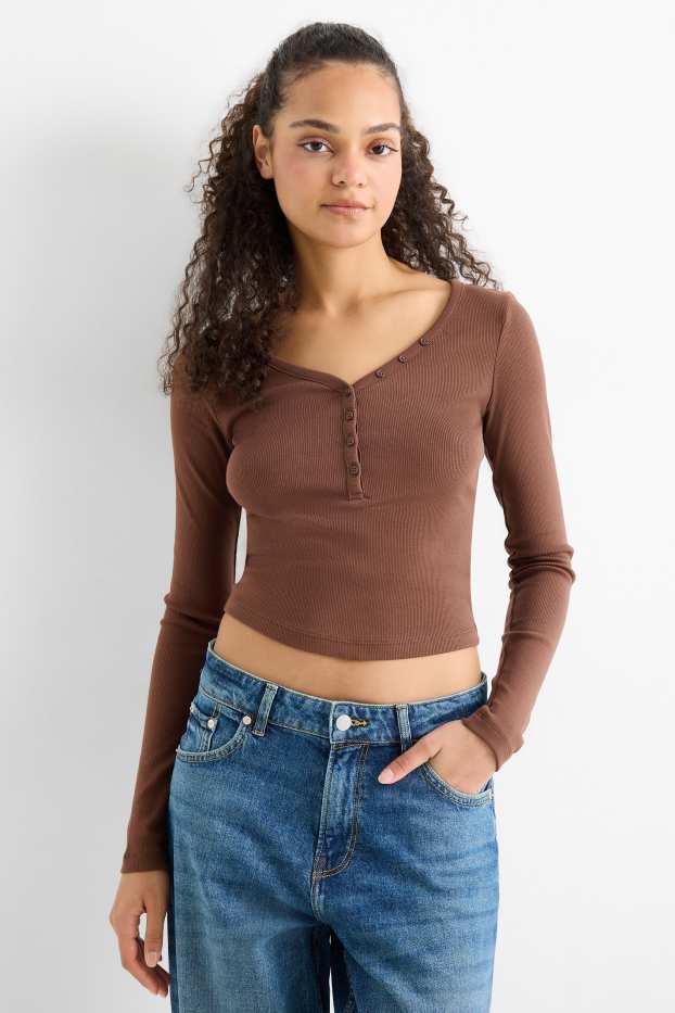 Damen - Crop Henley-Shirt - Slim Fit - gerippt - dunkelbraun