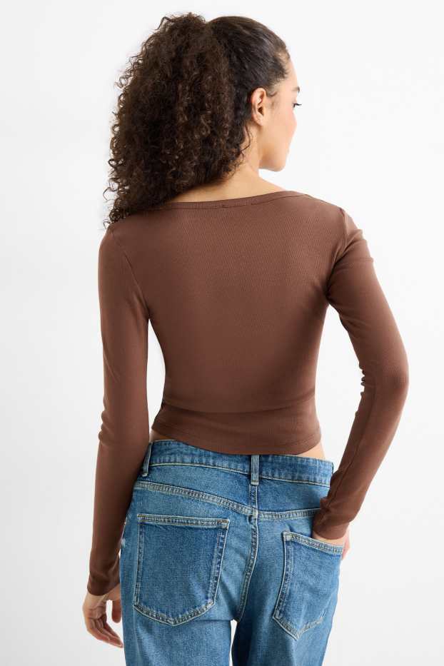 Damen - Crop Henley-Shirt - Slim Fit - gerippt - dunkelbraun