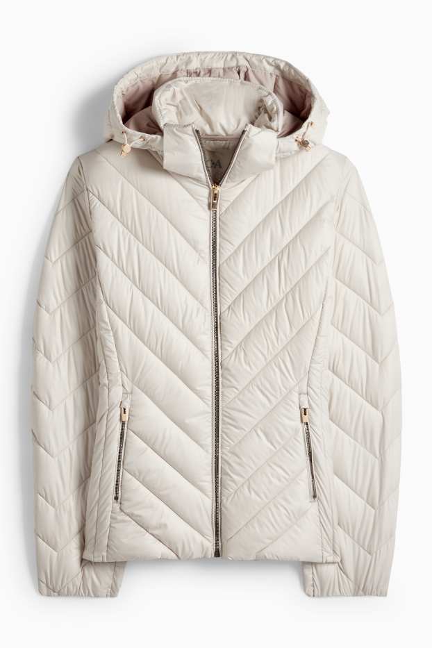 Dámské - Prošívaná bunda s kapucí - světle šedá