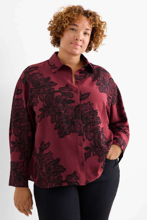 Women - Blouse - floral - textured - bordeaux
