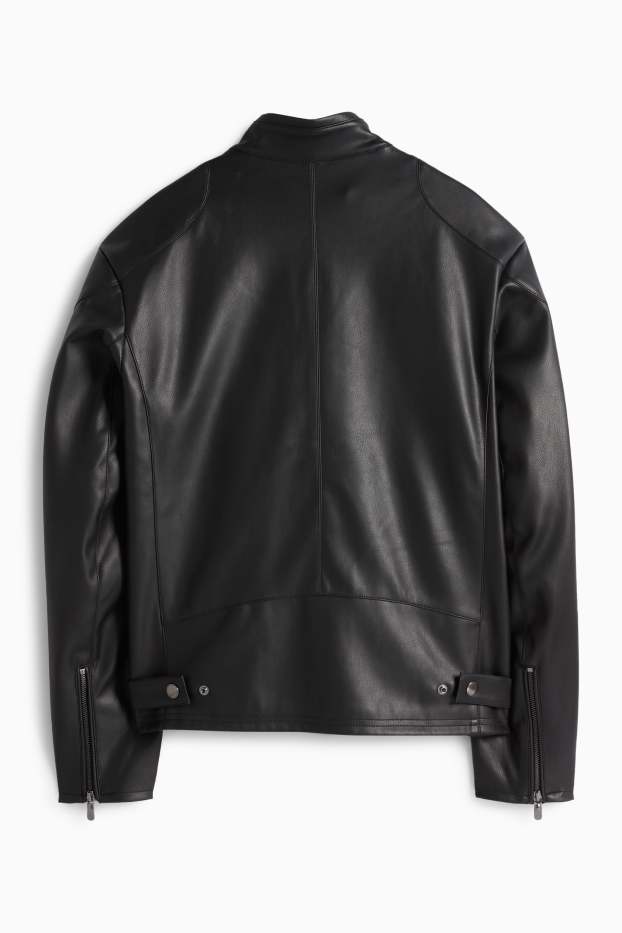 Pánské - Motorkářská bunda - imitace kůže - černá