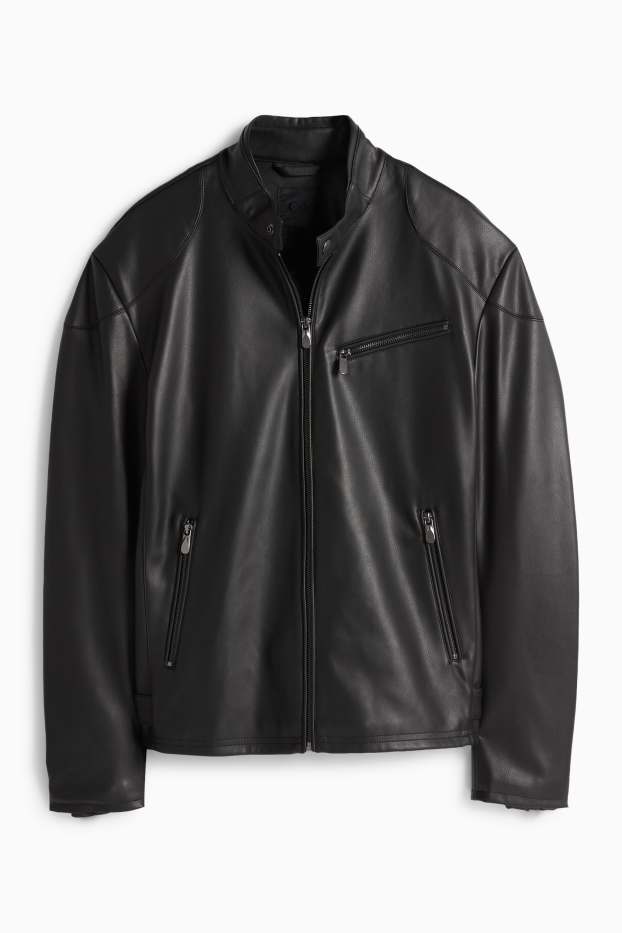 Pánské - Motorkářská bunda - imitace kůže - černá