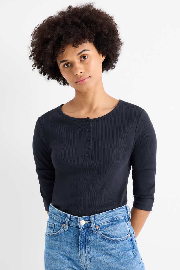 Femei - Tricou henley basic - slim fit - reiat - albastru închis