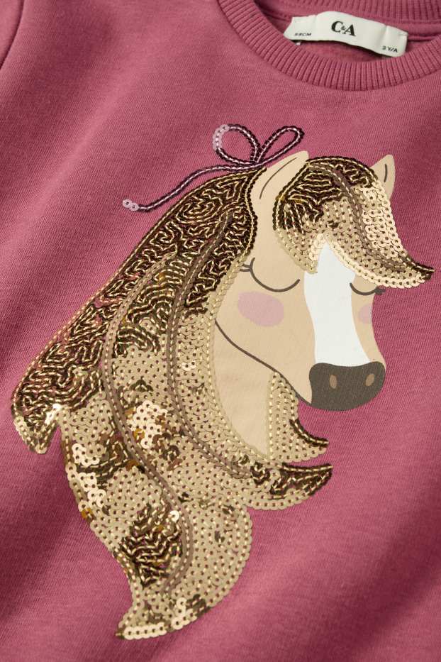 Děti - dívky - Kůň - mikina - s lesklou aplikací - tmavě růžová