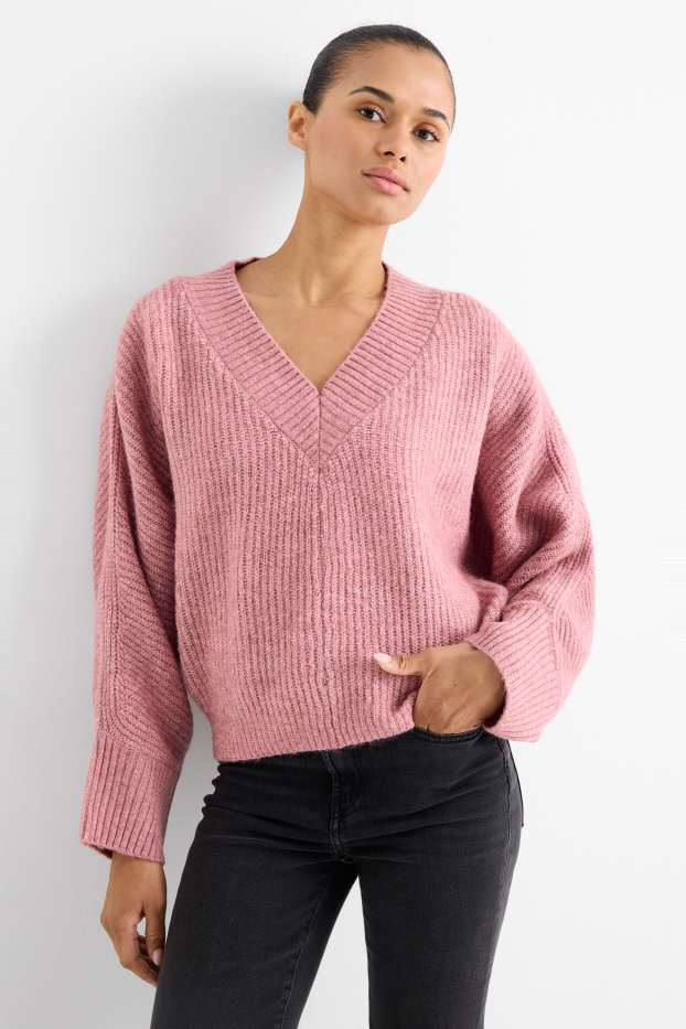 Dames - Trui met V-hals - geribd - donker rose