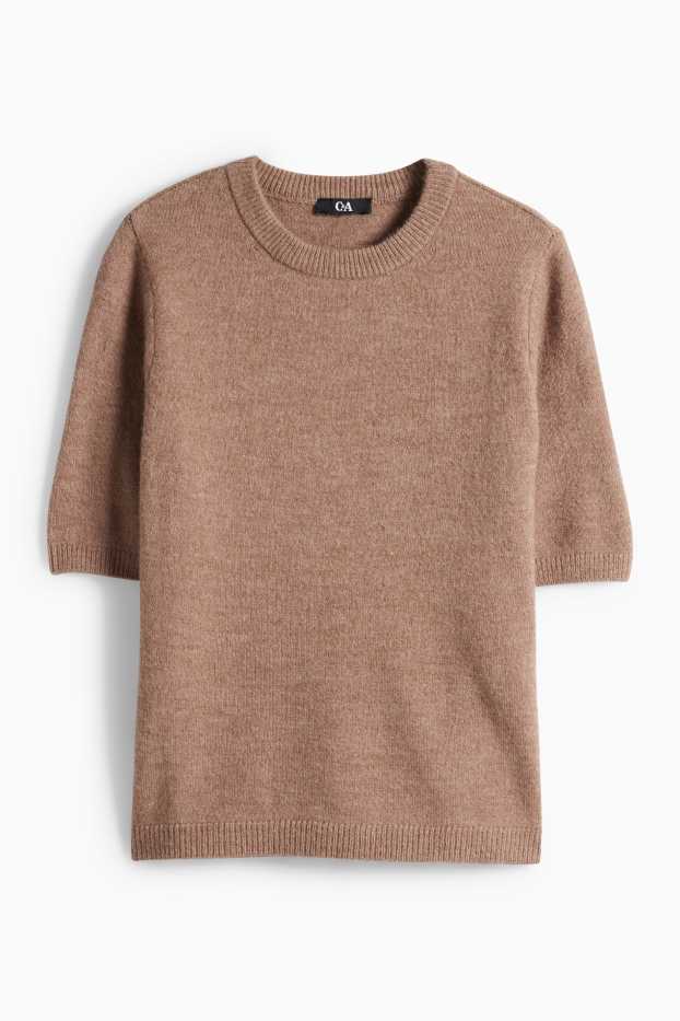 Dámské - Pletený svetr - s krátkým rukávem - světle hnědá