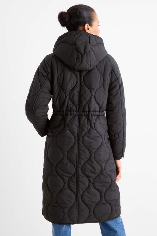 Damen - Steppmantel mit Kapuze - schwarz