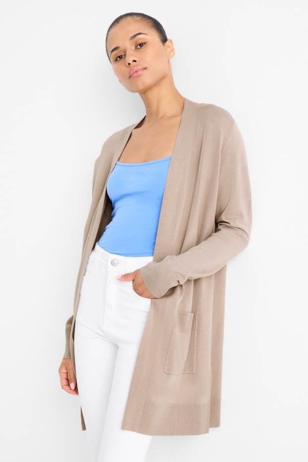Dámské - Dlouhý pletený kardigan - béžová
