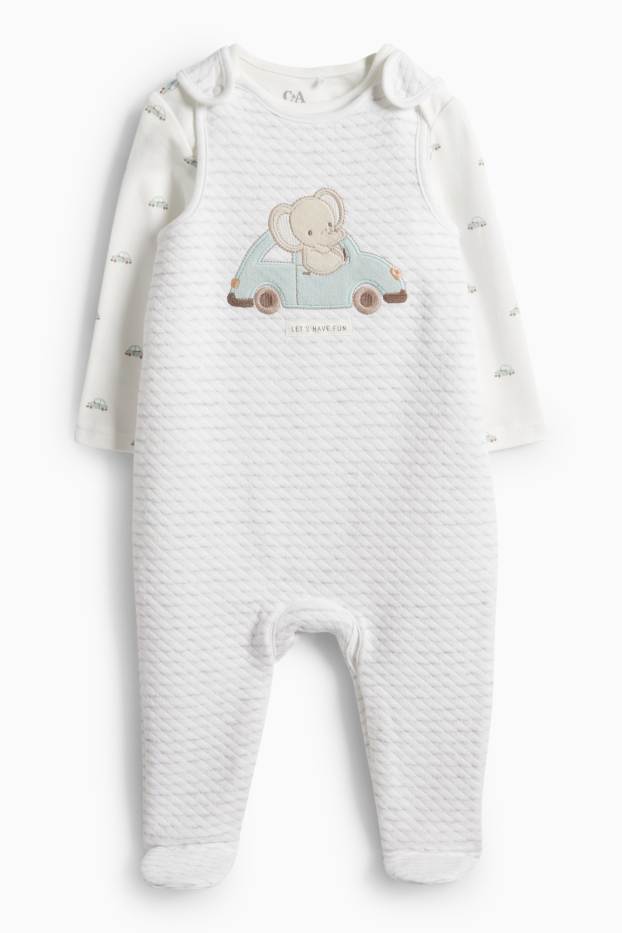 Baby Buben - Elefant und Auto - Strampler-Set - 2 teilig - weiß