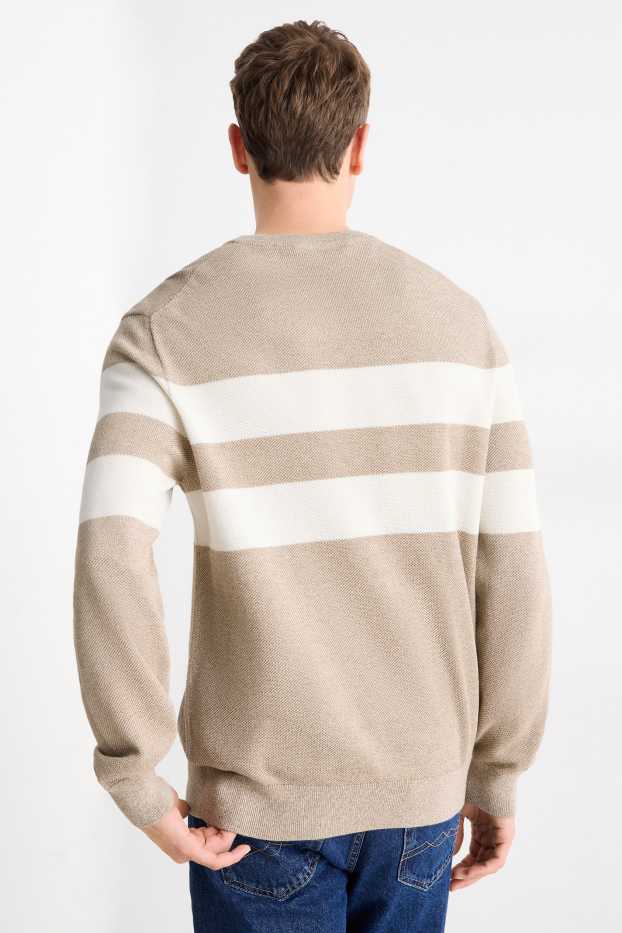 Hommes - Pull - à rayures - texturé - blanc / beige