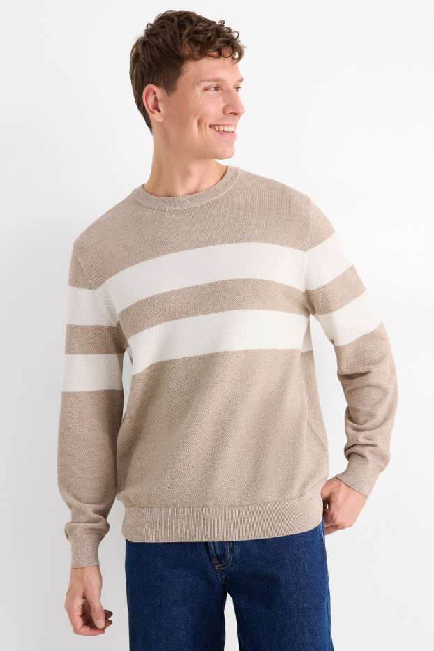 Hommes - Pull - à rayures - texturé - blanc / beige