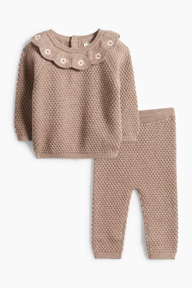 Neonate - Motivo fiorellini - completo neonati crochet - 2 pezzi - tessuto tramato - marrone chiaro