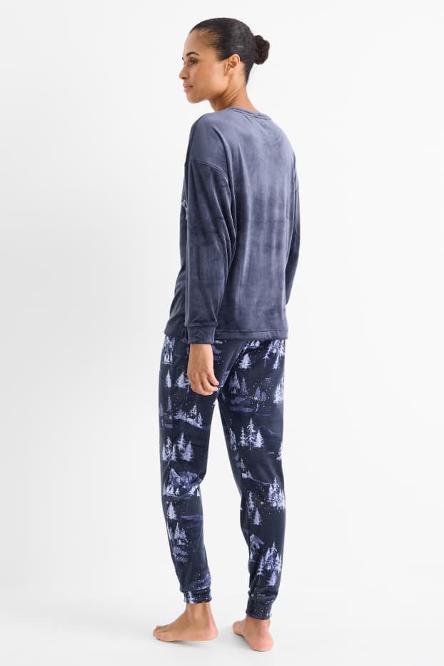 Femei - Pijama de iarnă - aspect lucios - albastru închis