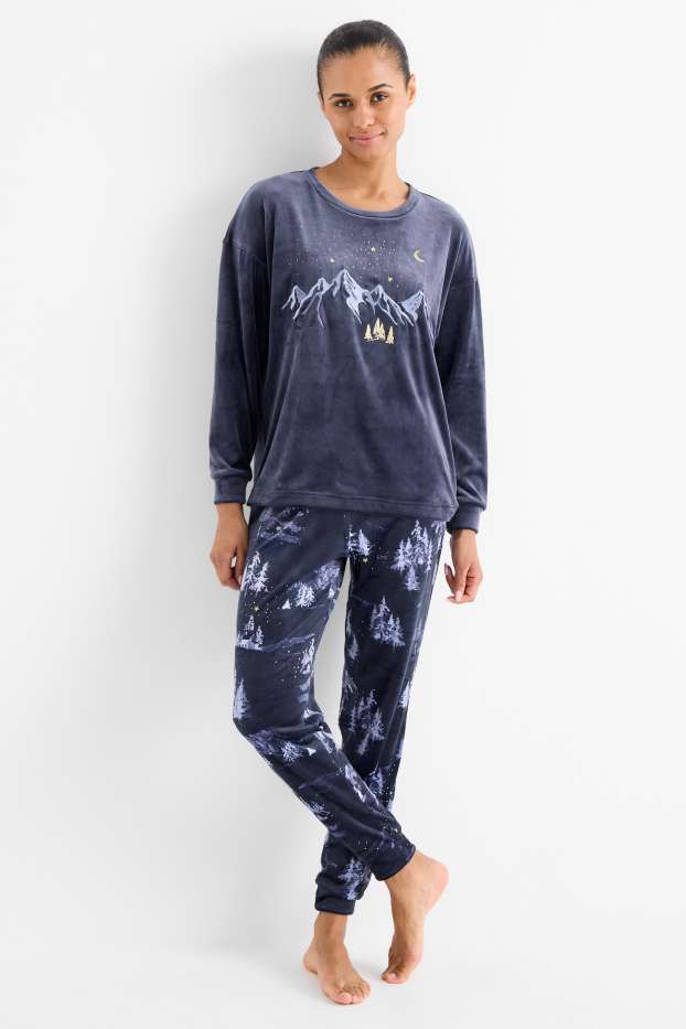Femei - Pijama de iarnă - aspect lucios - albastru închis