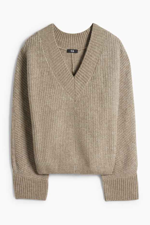Women - V-neck jumper - ribbed - beige