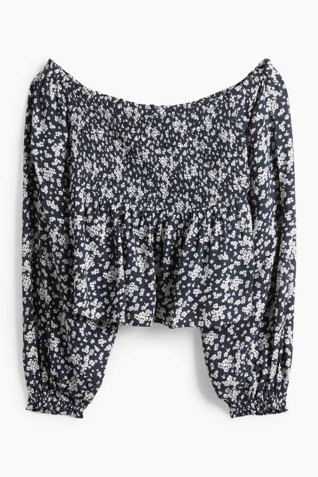 Damen - Crop Bluse - gesmokt - dunkelblau / weiß