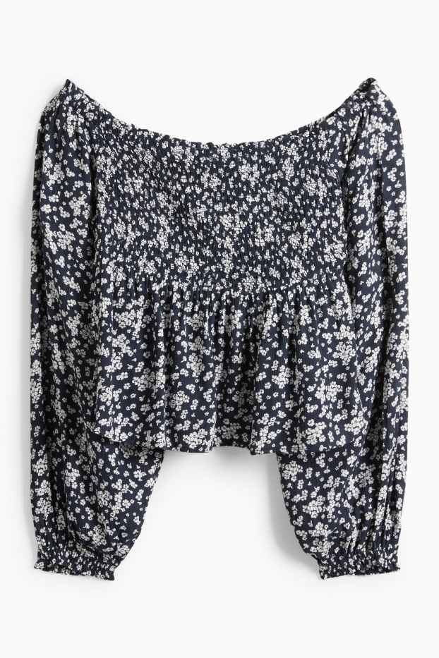 Damen - Crop Bluse - gesmokt - dunkelblau / weiß