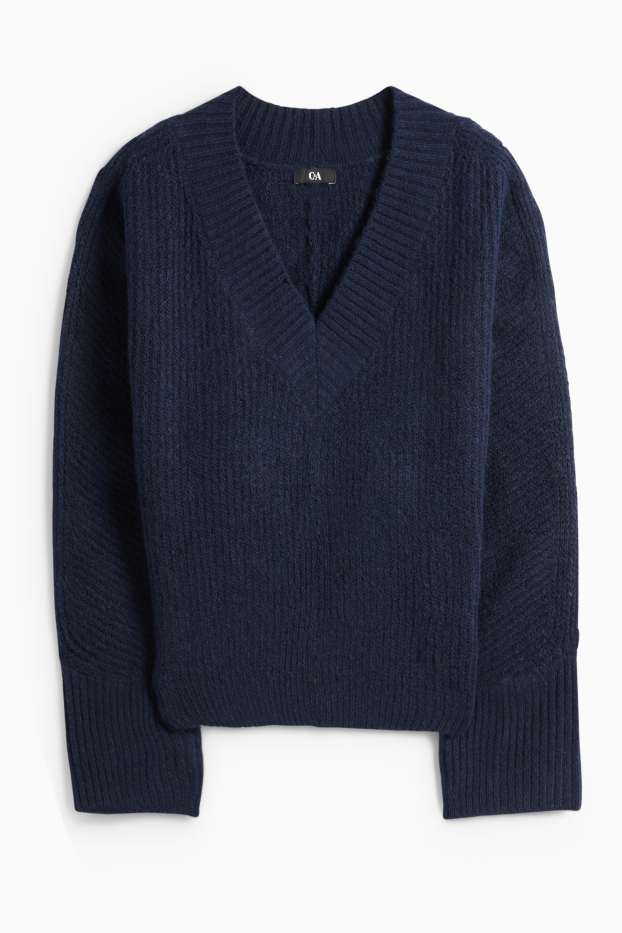 Dámské - Svetr s výstřihem ve tvaru V - žebrovaný - tmavomodrá