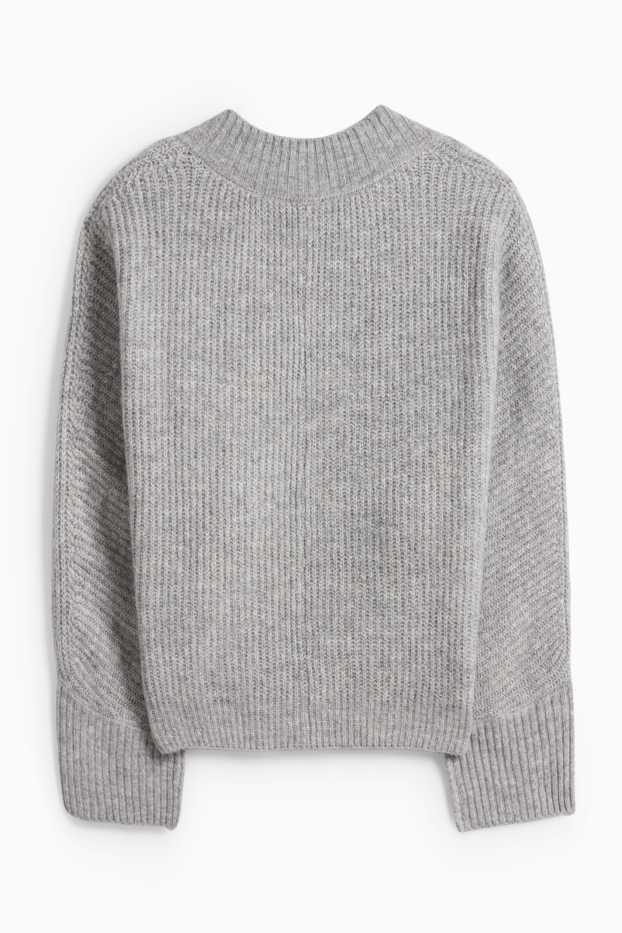 Femmes - Pull à col V - côtelé - gris clair chiné