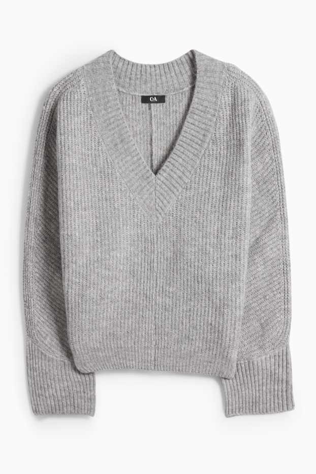 Femmes - Pull à col V - côtelé - gris clair chiné