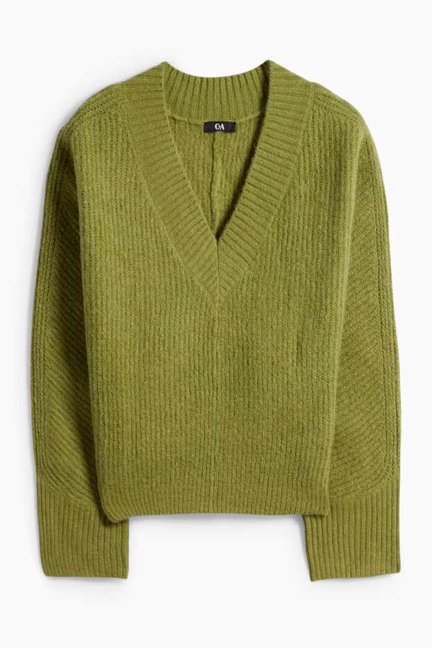 Donna - Maglione con scollo a V - a coste - verde chiaro