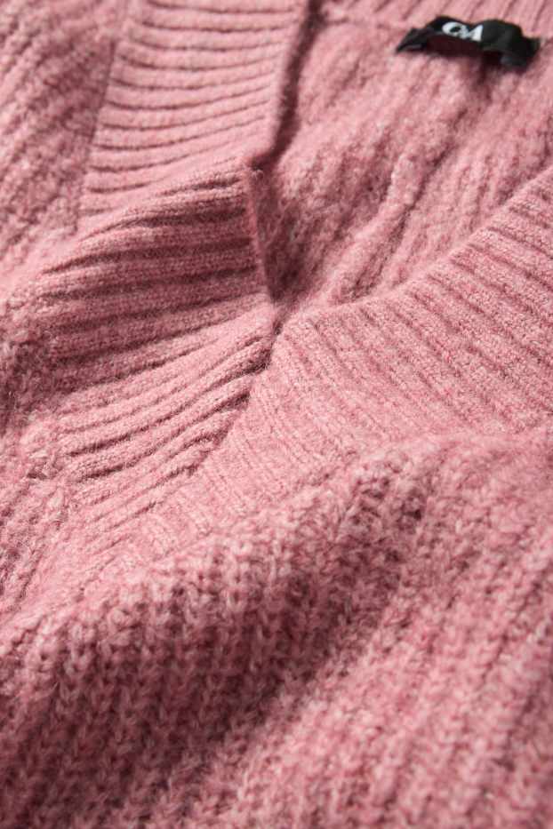 Dámské - Svetr s výstřihem ve tvaru V - žebrovaný - tmavě růžová
