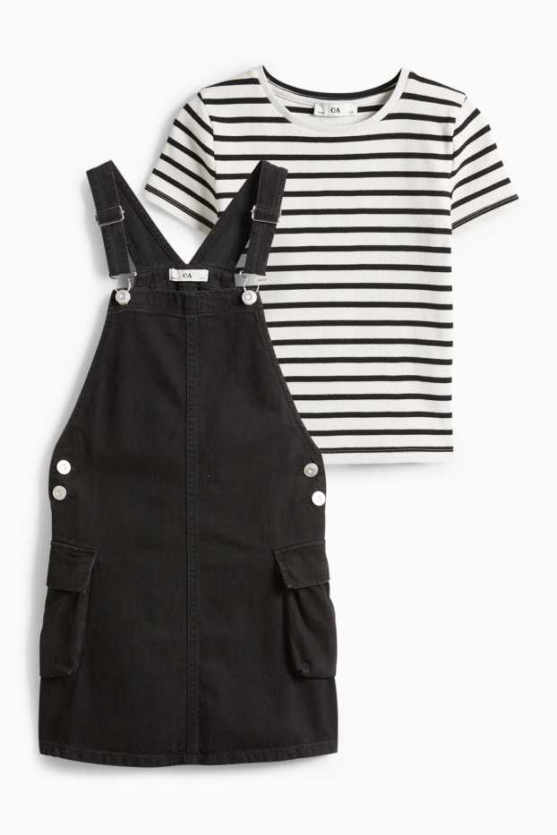 Kinder Mädchen - Set - Kurzarmshirt und Jeans-Latzkleid - 2 teilig - schwarz / weiss