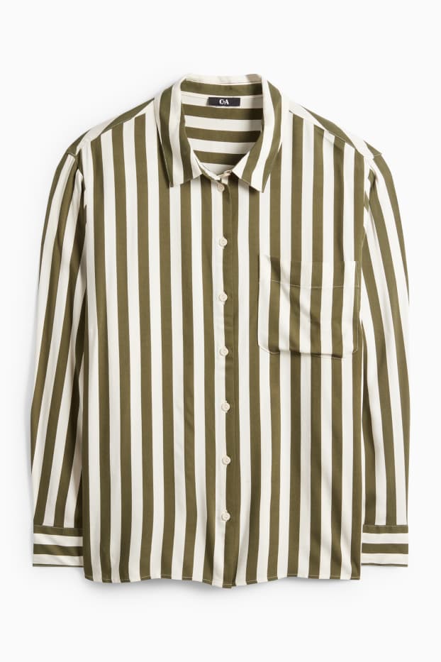 Damen - Bluse - gestreift - dunkelgrün / cremeweiss