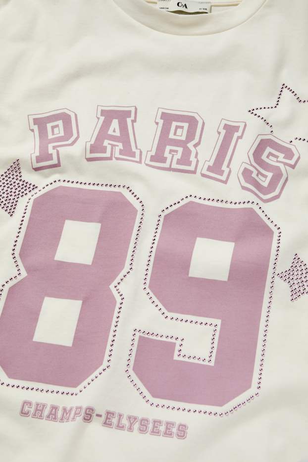 Děti - dívky - Paris - tričko s krátkým rukávem se štrasovými kamínky - krémově bílá