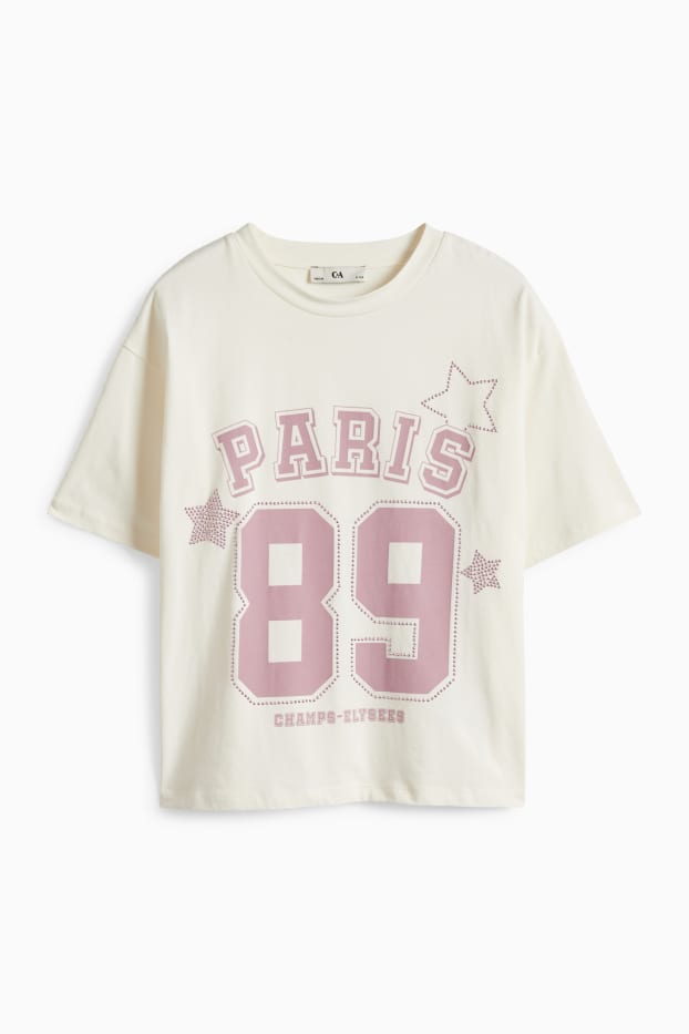 Děti - dívky - Paris - tričko s krátkým rukávem se štrasovými kamínky - krémově bílá