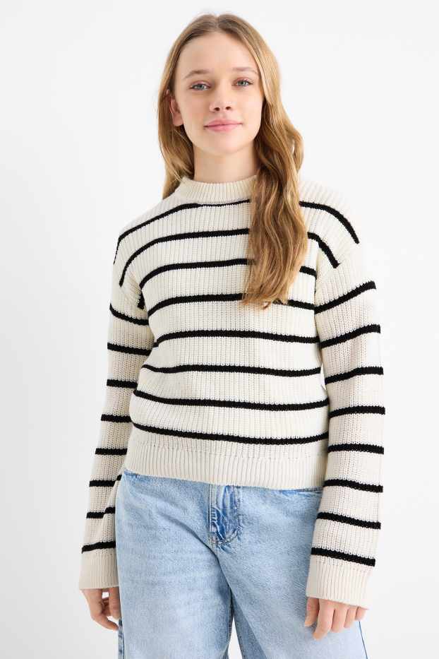 Children Girls - Jumper - ribbed - striped - white / black