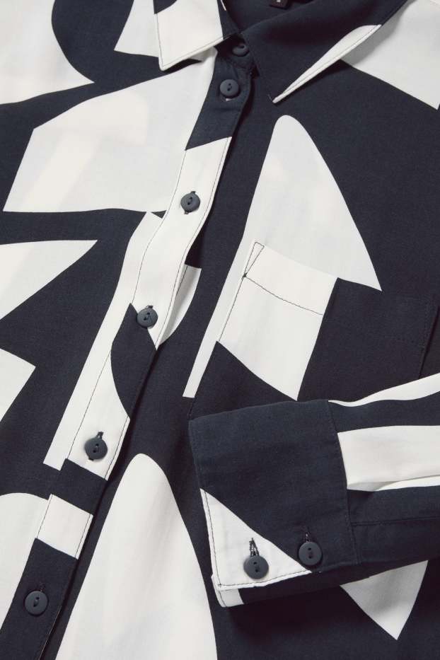 Damen - Viskose-Blusenkleid - gemustert - dunkelblau / weiss