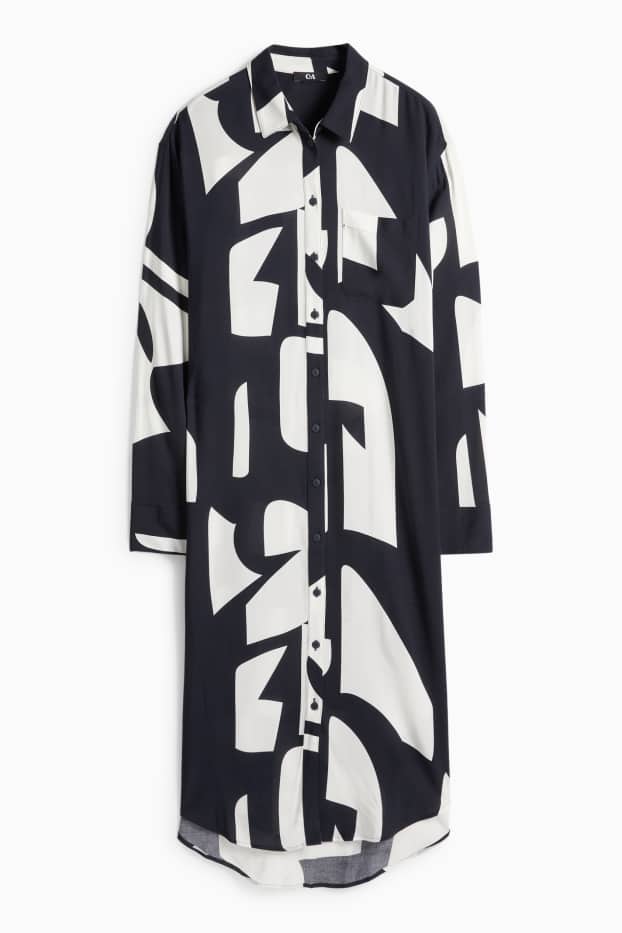 Damen - Viskose-Blusenkleid - gemustert - dunkelblau / weiss