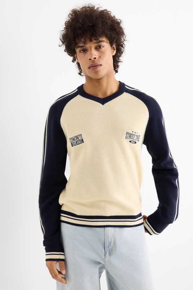 Men - V-neck jumper - textured - black / beige