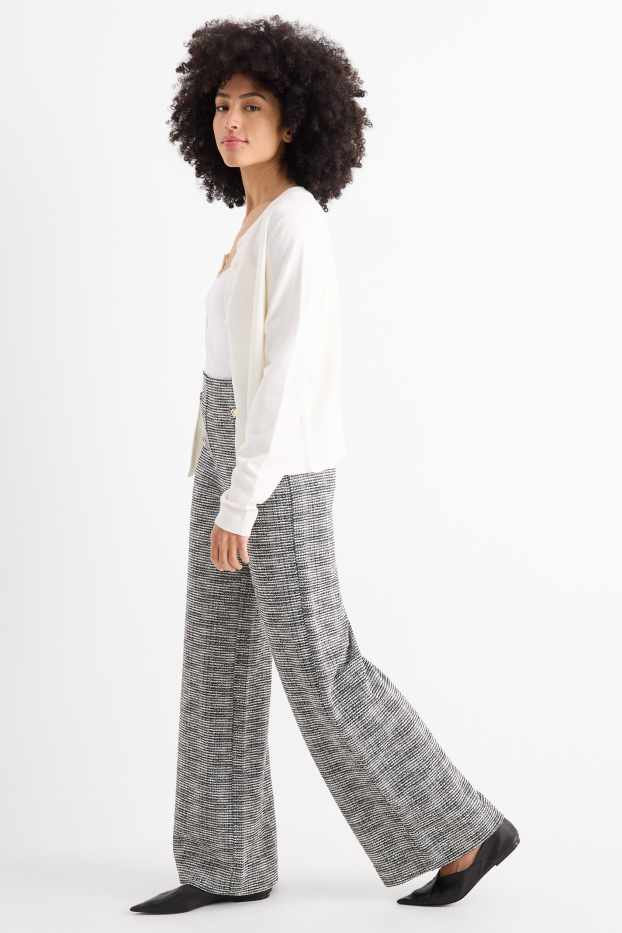 Dámské - Buklé kalhoty - mid waist - wide leg - černá/bílá