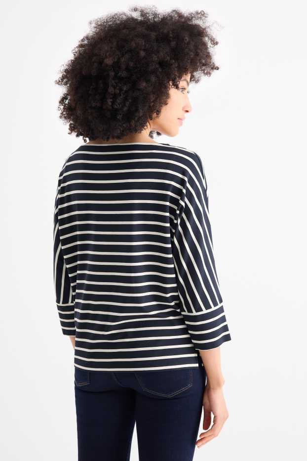 Dámské - Tričko s dlouhým rukávem basic - regular fit - pruhované - tmavomodrá/bílá