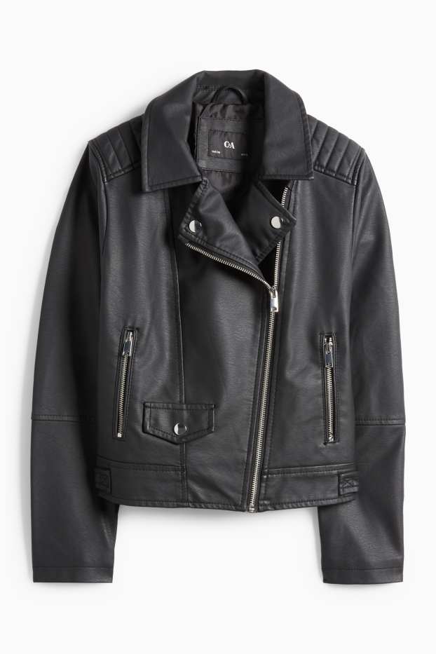 Kinder Mädchen - Bikerjacke - Lederimitat - schwarz