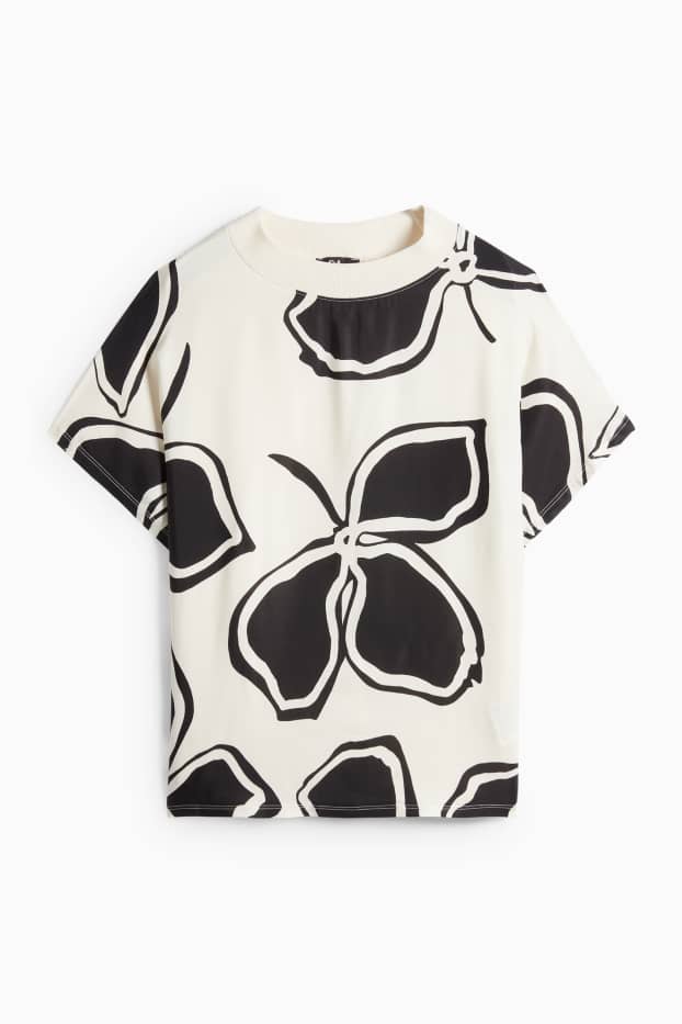 Dámské - Tričko - relaxed fit - s květinovým vzorem - černá/béžová