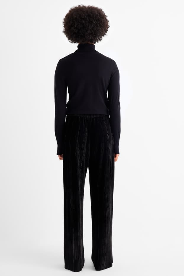 Dames - Fluwelen plissébroek - high waist - wide leg - zwart