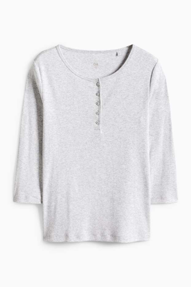 Dámské - Tričko ve stylu henley - slim fit - žebrované - světle šedá-žíhaná