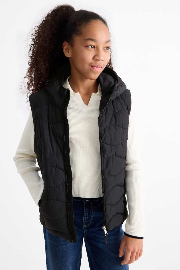 Children Girls - Quilted gilet with hood - water-repellent - black