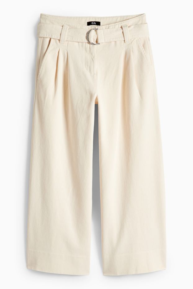Femmes - Pantalon en toile avec ceinture - high waist - wide leg - beige clair