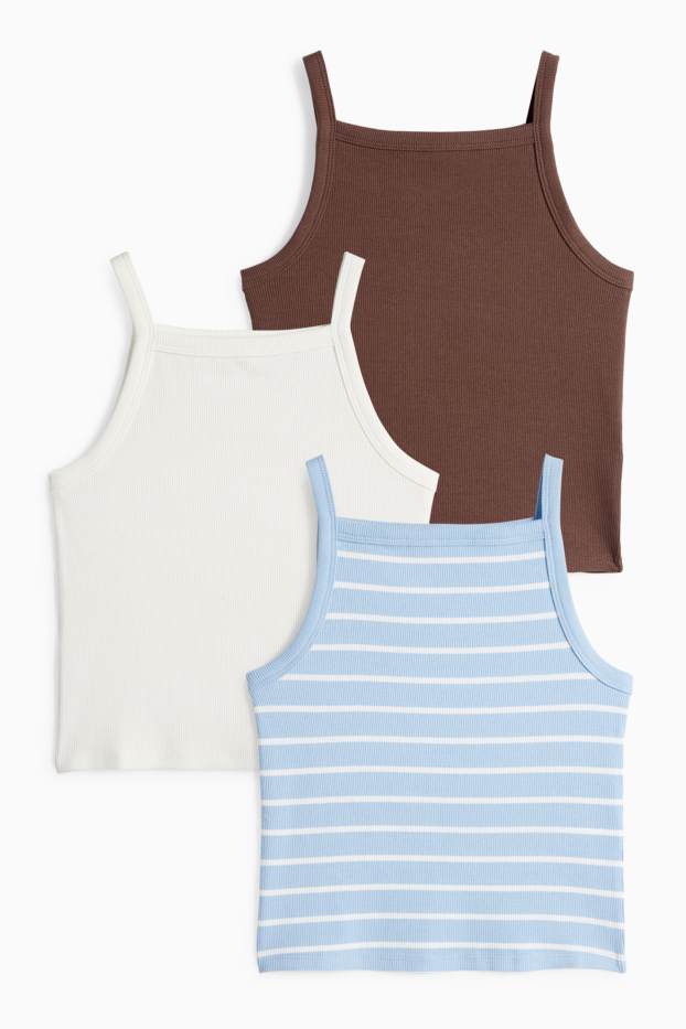Kinderen: meisjes - Set van 3 - top - ribstof - wit / lichtblauw