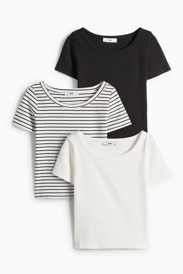 Děti - dívky - Multipack 3 ks - tričko s krátkým rukávem - žebrované - tmavomodrá/bílá