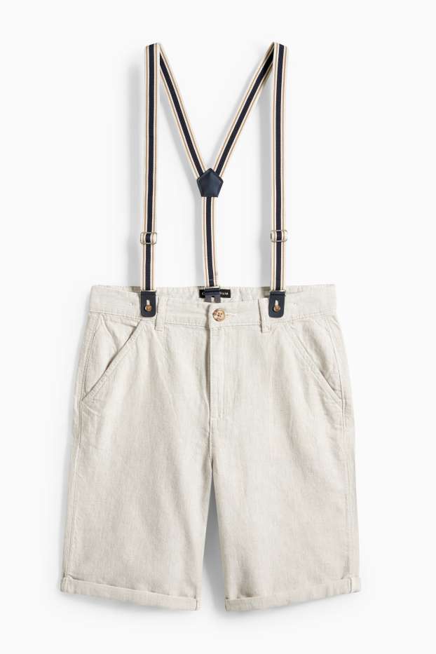 Kinder Buben - Bermudas mit Hosenträgern und Leinen-Anteil - hellbeige